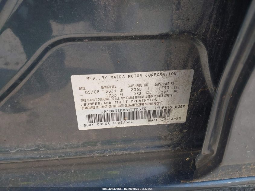 2008 Mazda Mazda3 I Touring Value VIN: JM1BK32F881172370 Lot: 42847964