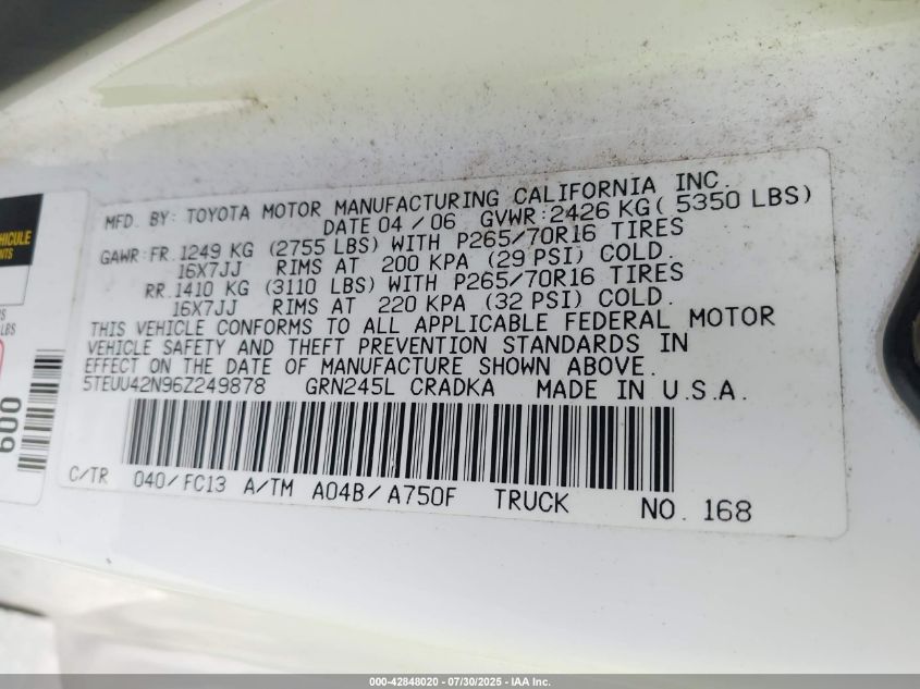 2006 Toyota Tacoma Base V6 VIN: 5TEUU42N96Z249878 Lot: 42848020