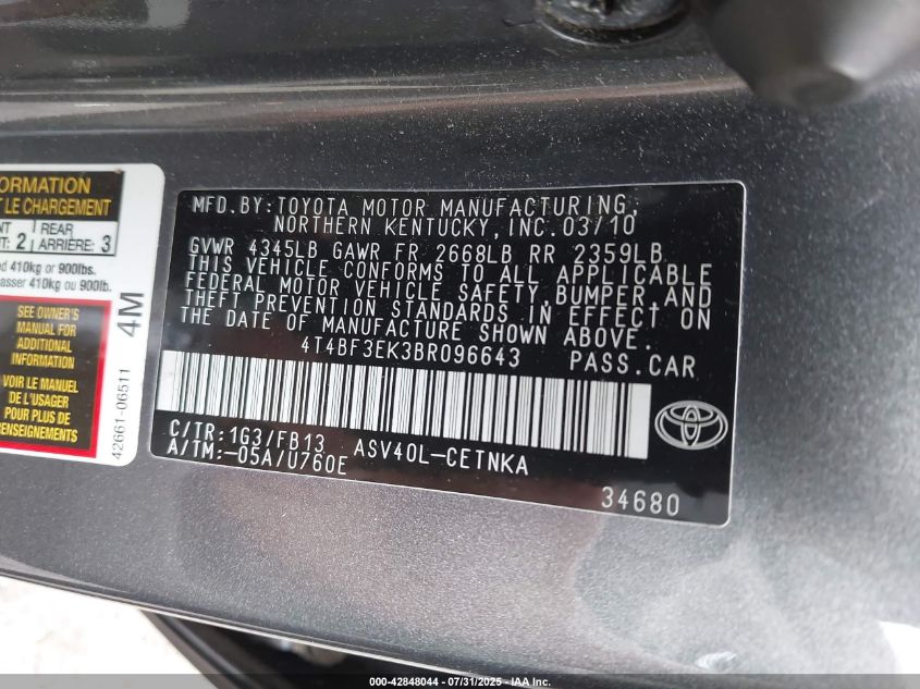 2011 Toyota Camry Le VIN: 4T4BF3EK3BR096643 Lot: 42848044