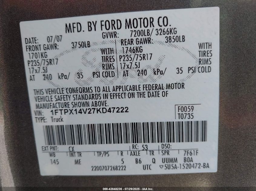 2007 Ford F-150 Fx4/Lariat/Xl/Xlt VIN: 1FTPX14V27KD47222 Lot: 42848236