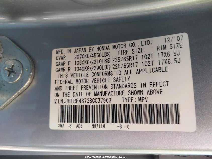 2008 Honda Cr-V Ex-L VIN: JHLRE48738C037963 Lot: 42848359
