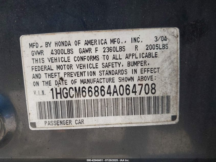 2004 Honda Accord VIN: 1HGCM6864A064708 Lot: 42848451