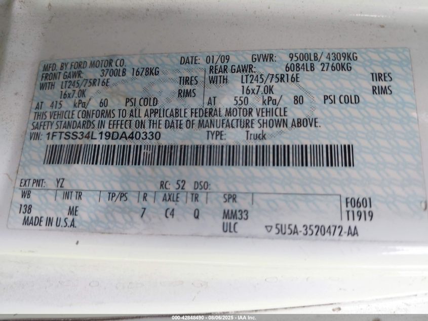 2009 Ford E-350 Super Duty Commercial/Recreational VIN: 1FTSS34L19DA40330 Lot: 42848490