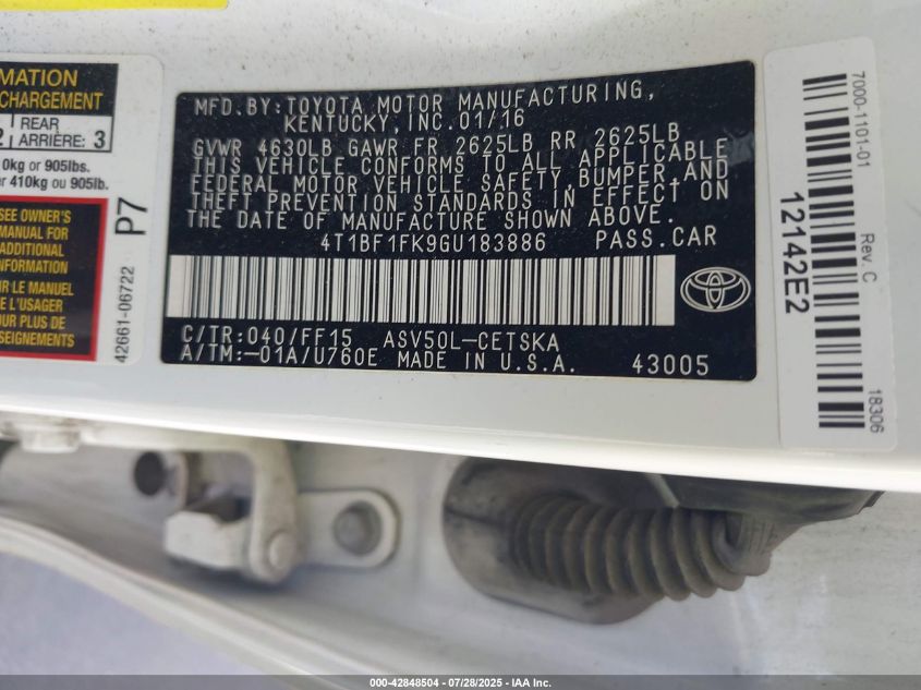2016 Toyota Camry Se VIN: 4T1BF1FK9GU183886 Lot: 42848504