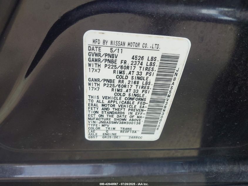 2011 Nissan Rogue Sv VIN: JN8AS5MV3BW300136 Lot: 42848567