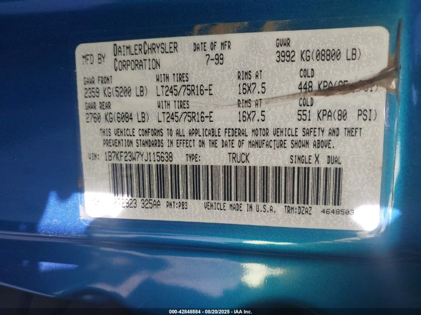 2000 Dodge Ram 2500 St VIN: 1B7KF23W7YJ115638 Lot: 42848584