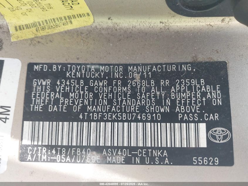 2011 Toyota Camry Le VIN: 4T1BF3EK5BU746910 Lot: 42848595