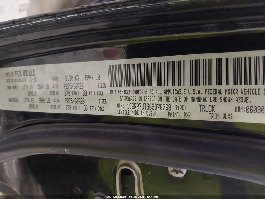 2016 RAM 1500 LARAMIE - 1C6RR7JT3GS378768