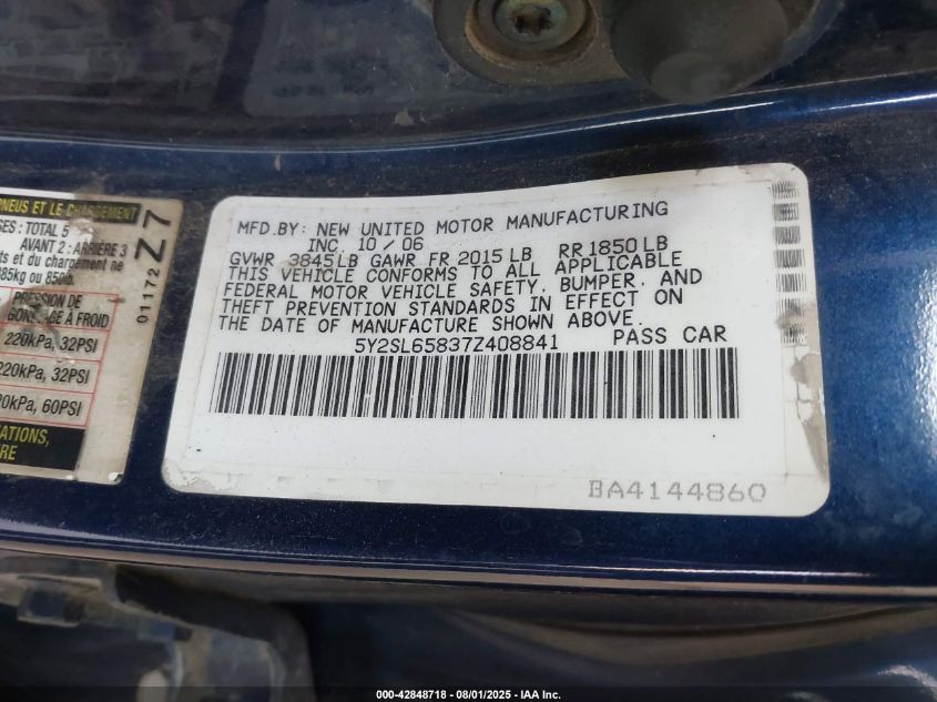 2007 Pontiac Vibe VIN: 5Y2SL65837Z408841 Lot: 42848718