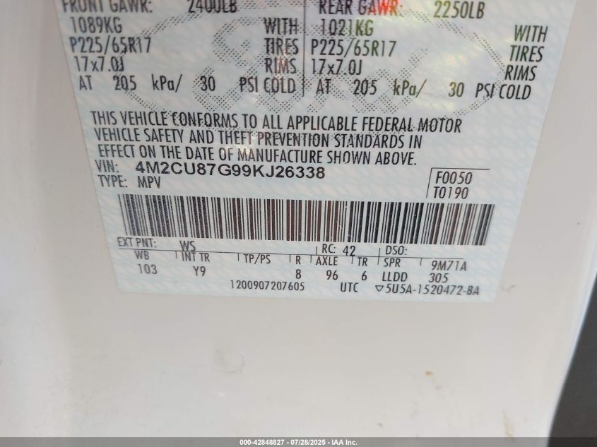 2009 Mercury Mariner Premier V6 VIN: 4M2CU87G99KJ26338 Lot: 42848827