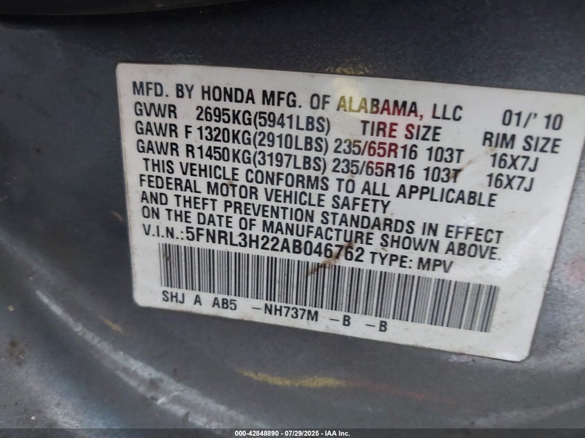 2010 Honda Odyssey Lx VIN: 5FNRL3H22AB046762 Lot: 42848890