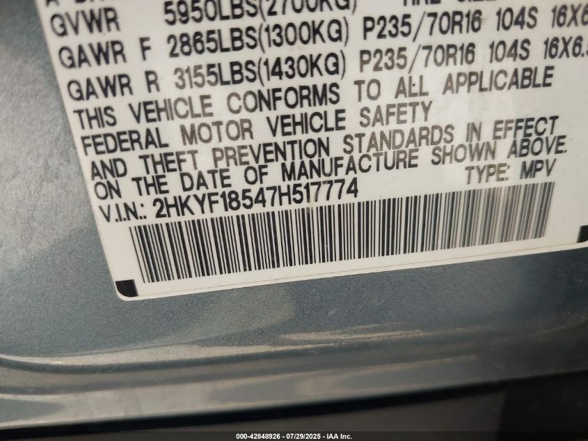 2007 Honda Pilot Ex-L VIN: 2HKYF18547H517774 Lot: 42848926