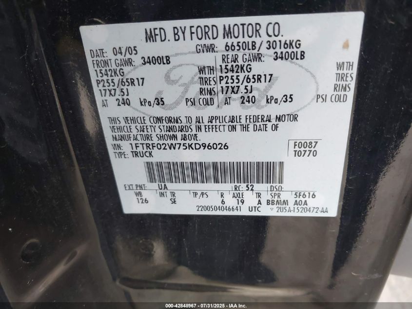 2005 Ford F-150 Stx/Xlt VIN: 1FTRF02W75KD96026 Lot: 42848967