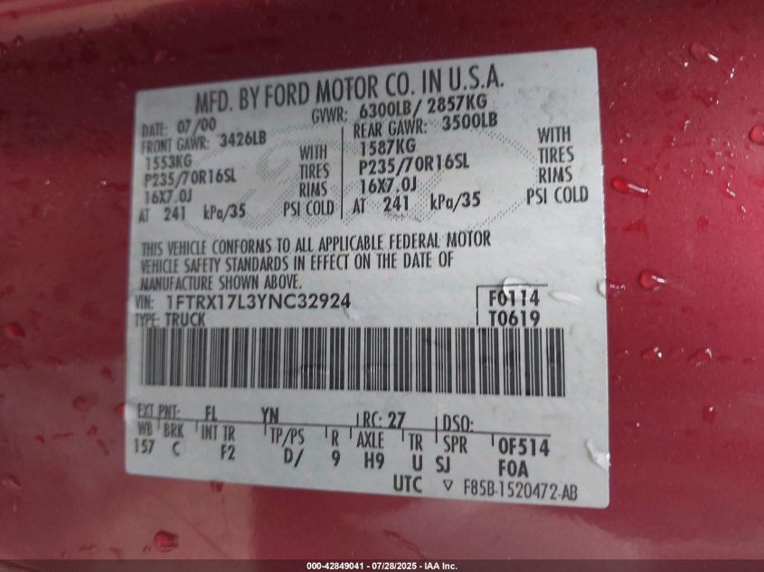 2000 Ford F-150 Lariat/Work Series/Xl/Xlt VIN: 1FTRX17L3YNC32924 Lot: 42849041