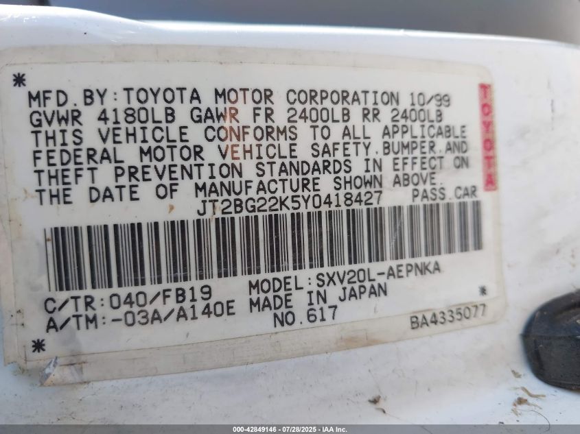 2000 Toyota Camry Le VIN: JT2BG22K5Y0418427 Lot: 42849146