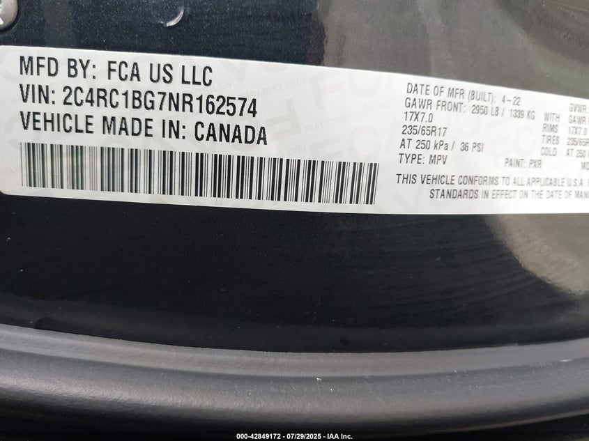 2022 CHRYSLER PACIFICA TOURING L - 2C4RC1BG7NR162574