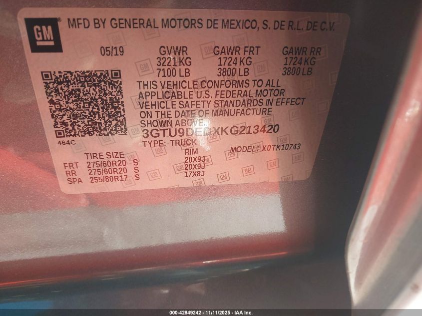 2019 GMC Sierra 1500 Slt VIN: 3GTU9DEDXKG213420 Lot: 42849242