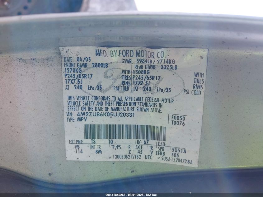 2005 Mercury Mountaineer VIN: 4M2ZU86K05UJ20331 Lot: 42849267