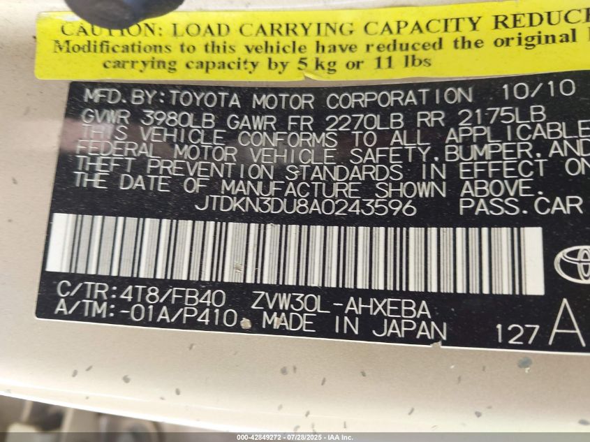 2010 Toyota Prius Ii VIN: JTDKN3DU8A0243596 Lot: 42849272