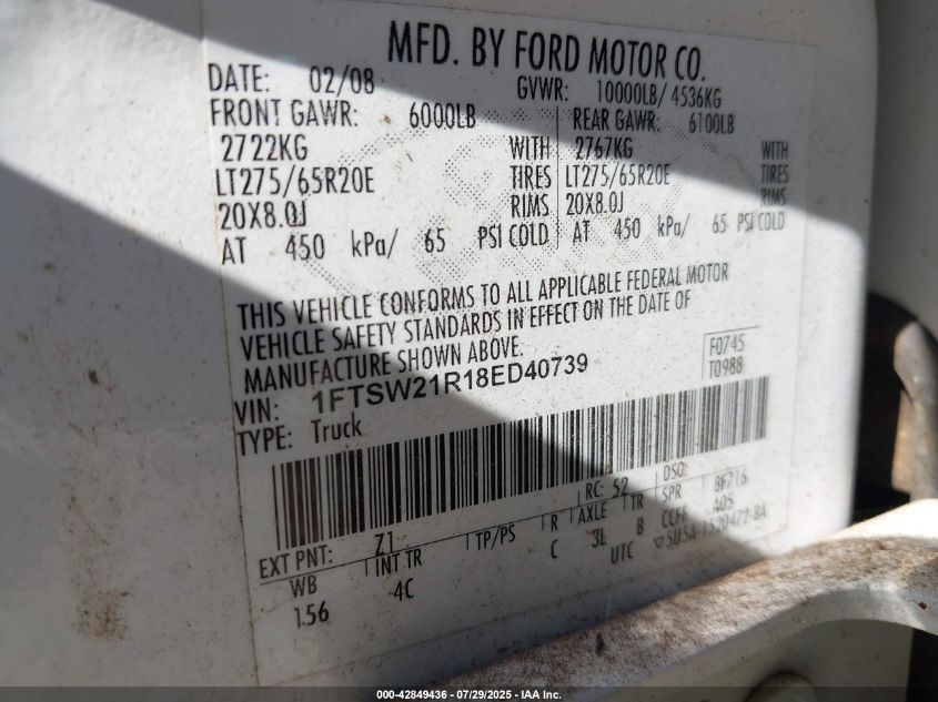 2008 Ford F-250 Fx4/Harley-Davidson/King Ranch/Lariat/Xl/Xlt VIN: 1FTSW21R18ED40739 Lot: 42849436