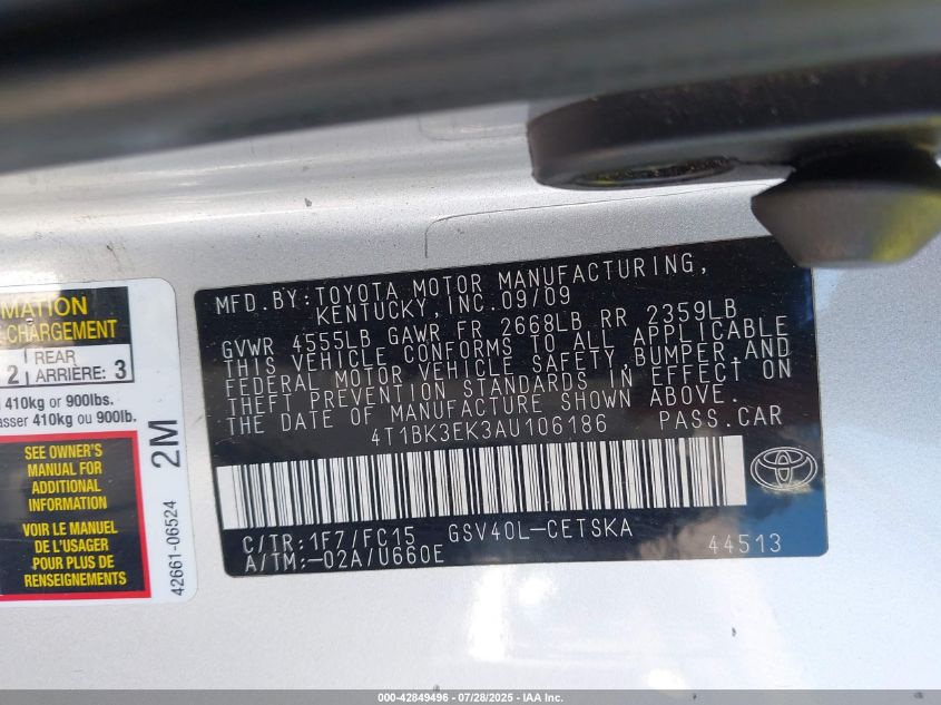 2010 Toyota Camry Se V6 VIN: 4T1BK3EK3AU106186 Lot: 42849496