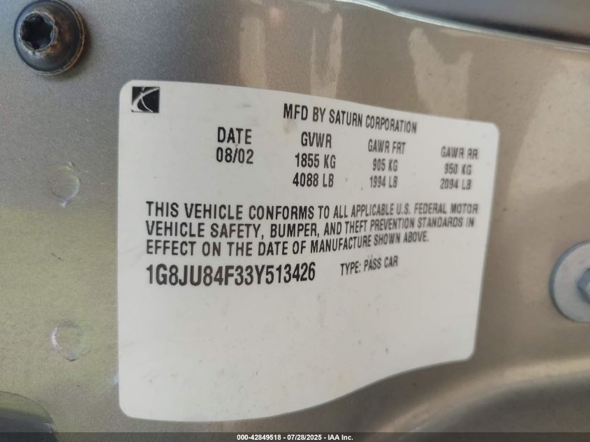 2003 Saturn L-Series Lw200 VIN: 1G8JU84F33Y513426 Lot: 42849518