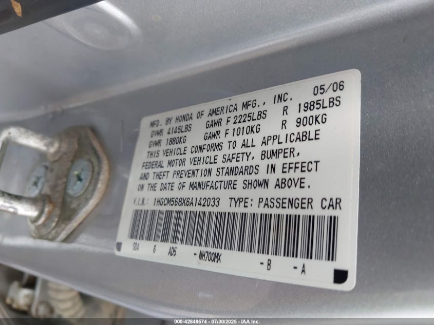 2006 Honda Accord 2.4 Ex VIN: 1HGCM568X6A142033 Lot: 42849574
