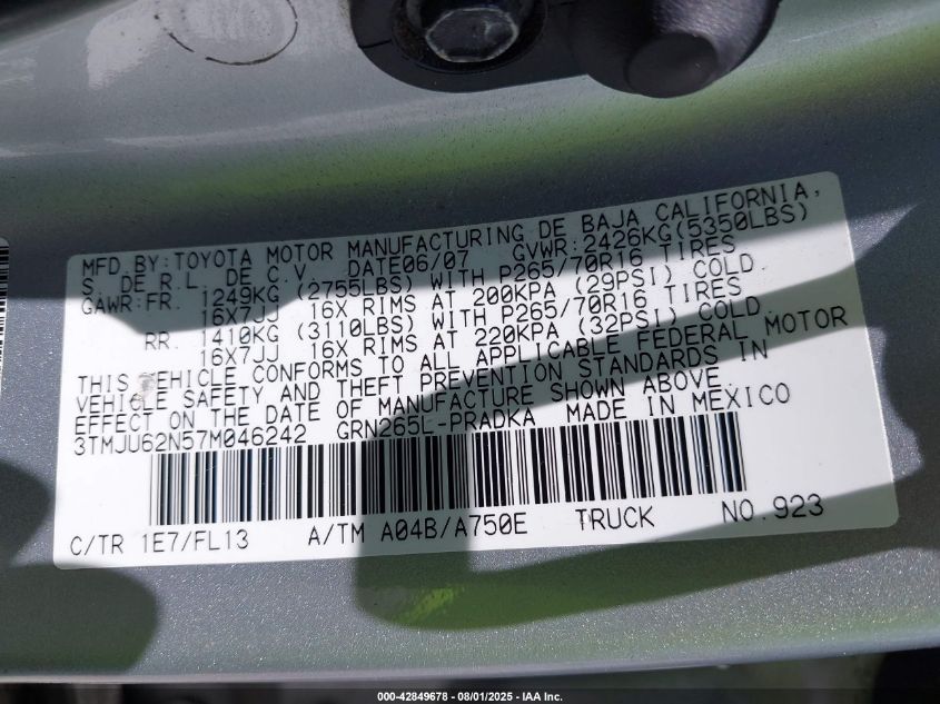 2007 Toyota Tacoma Prerunner V6 VIN: 3TMJU62N57M046242 Lot: 42849678