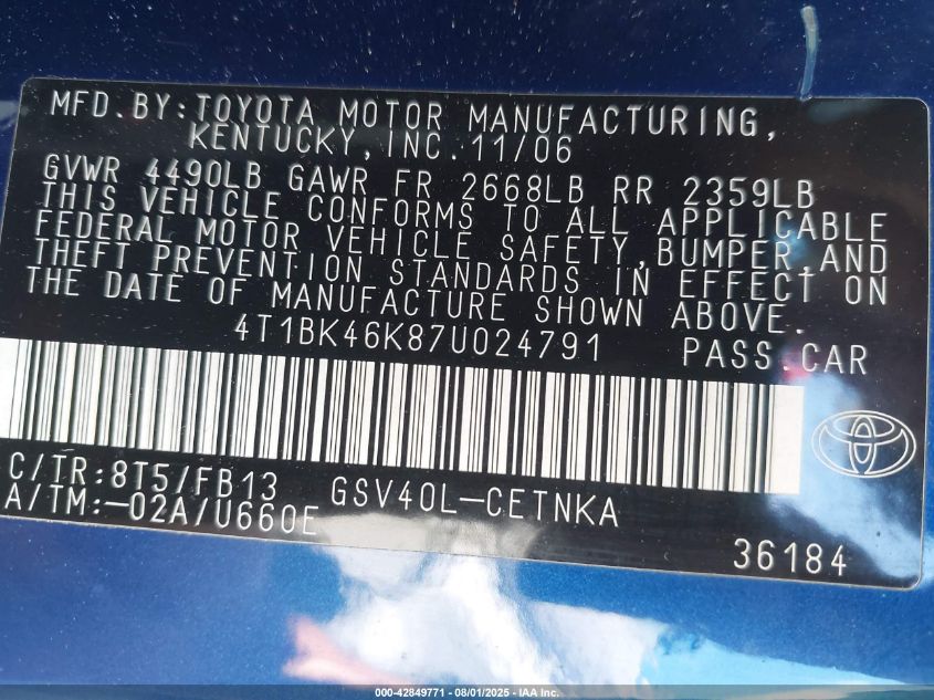 2007 Toyota Camry Le V6 VIN: 4T1BK46K87U024791 Lot: 42849771