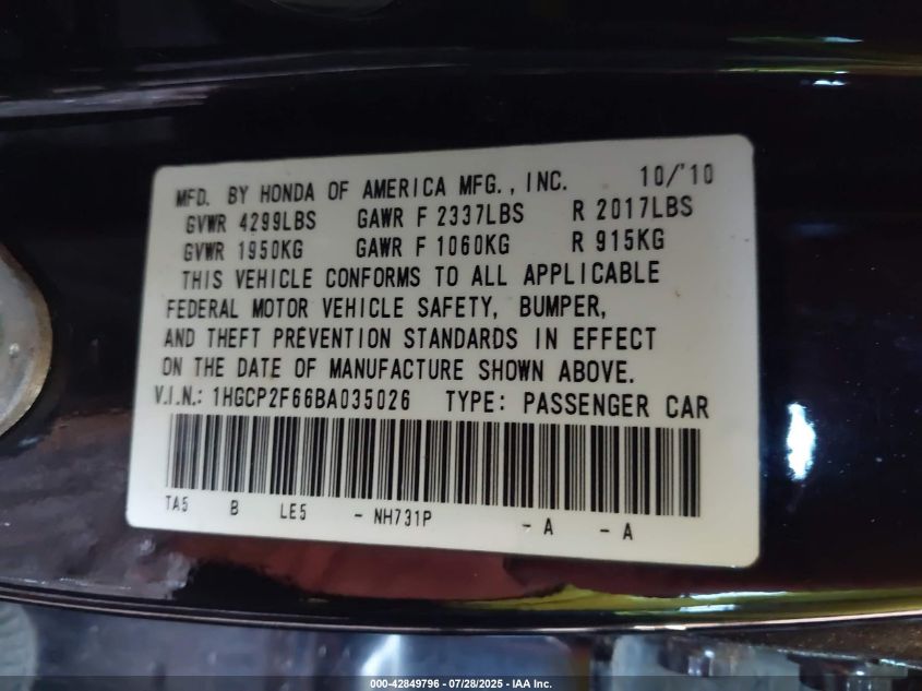 2011 Honda Accord 2.4 Se VIN: 1HGCP2F66BA035026 Lot: 42849796