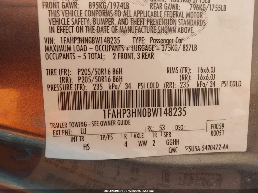 2011 Ford Focus Sel VIN: 1FAHP3HN0BW148235 Lot: 42849891