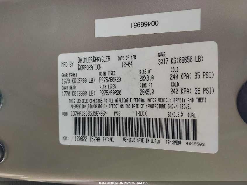 2005 Dodge Ram 1500 Slt/Laramie VIN: 1D7HA18D35J567064 Lot: 42850024