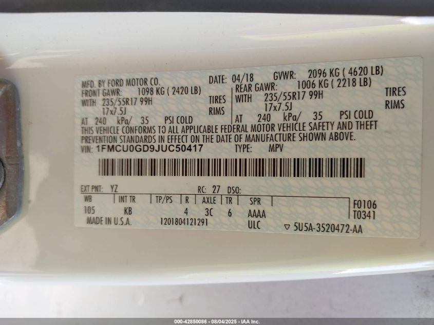 2018 Ford Escape Se VIN: 1FMCU0GD9JUC50417 Lot: 42850086