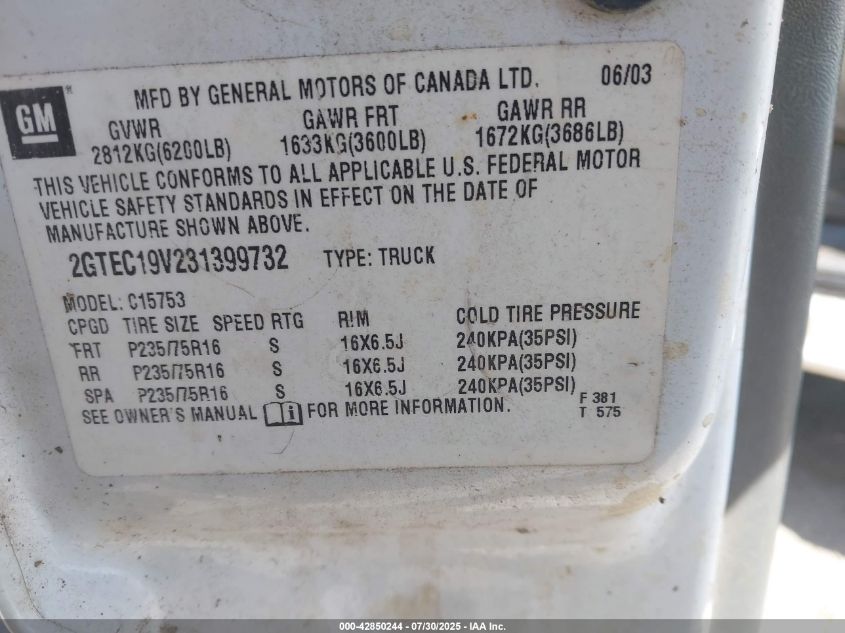 2003 GMC New Sierra C1500 VIN: 2GTEC19V231399732 Lot: 42850244