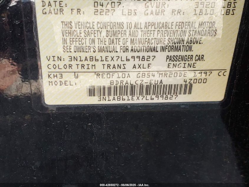 2007 Nissan Sentra 2.0 VIN: 3N1AB61EX7L699827 Lot: 42850272