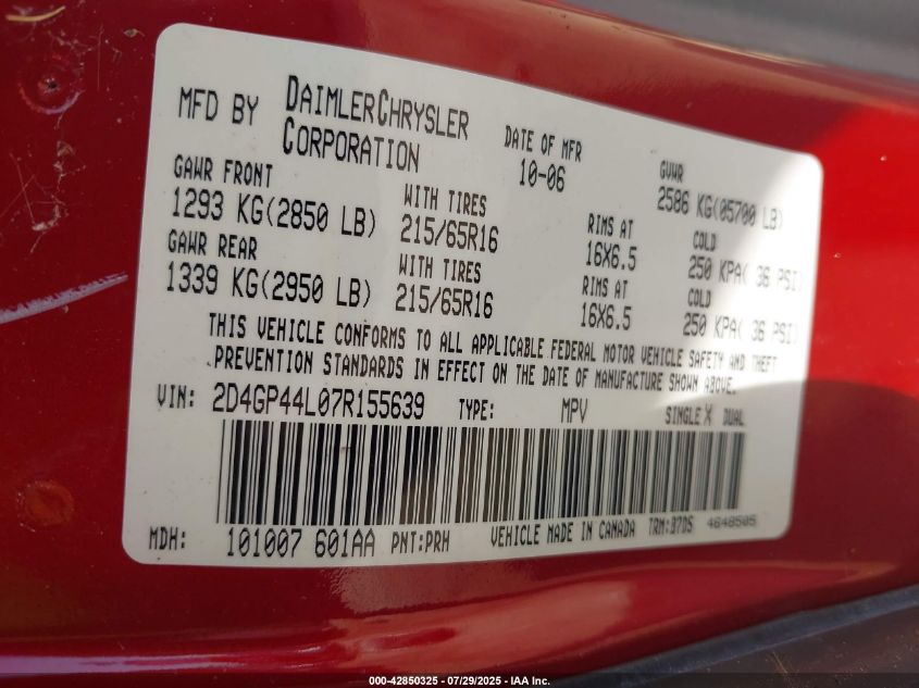 2007 Dodge Grand Caravan Sxt VIN: 2D4GP44L07R155639 Lot: 42850325