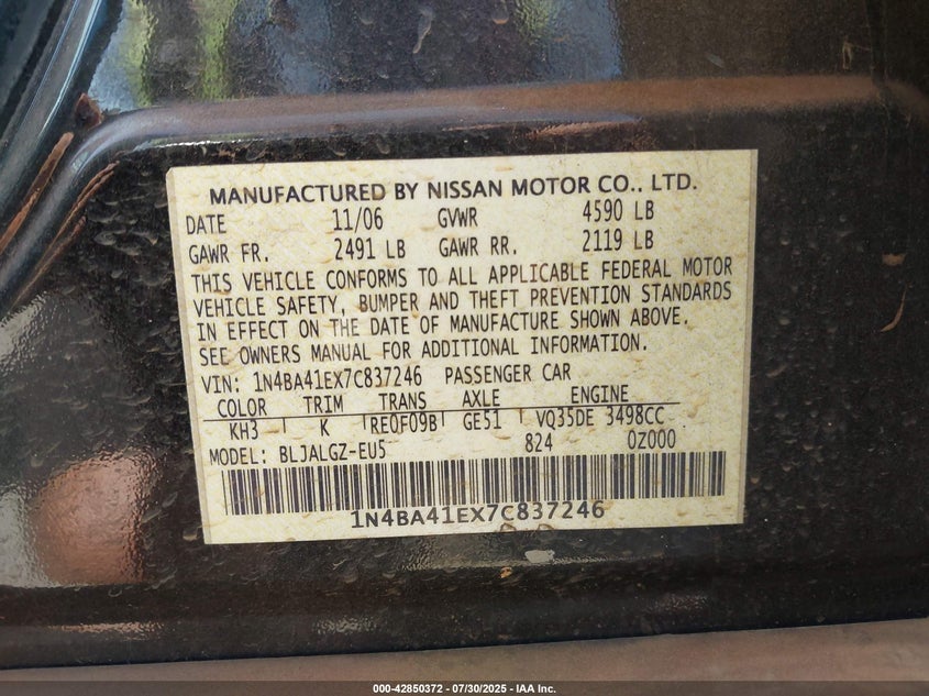 2007 Nissan Maxima 3.5 Sl VIN: 1N4BA41EX7C837246 Lot: 42850372