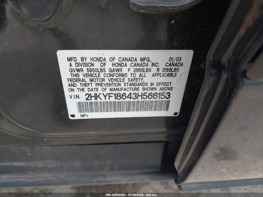 2003 Honda Pilot Ex-L VIN: 2HKYF18643H566153 Lot: 42850389