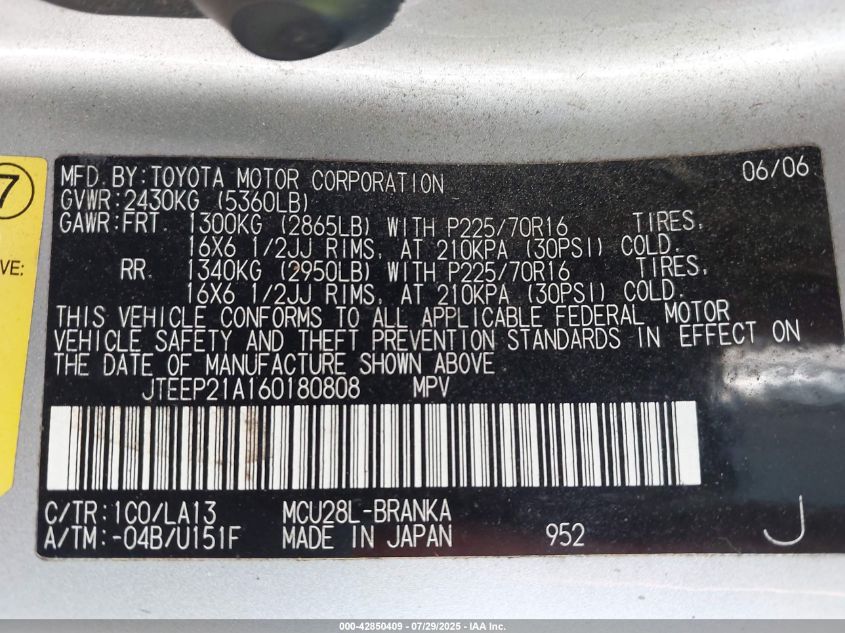 2006 Toyota Highlander V6 VIN: JTEEP21A160180808 Lot: 42850409