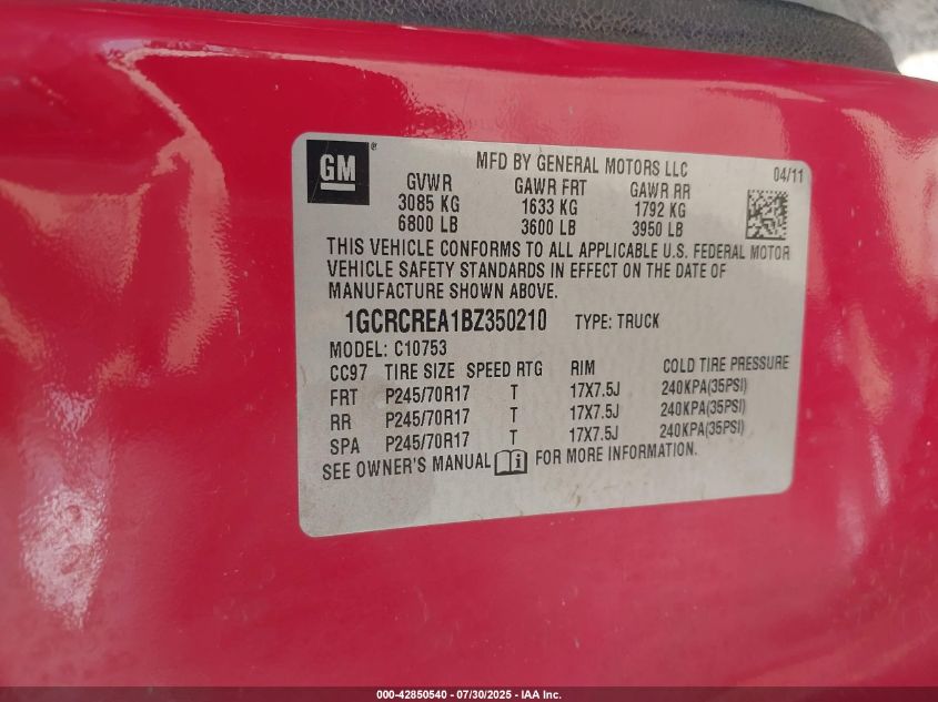 2011 Chevrolet Silverado 1500 Ls VIN: 1GCRCREA1BZ350210 Lot: 42850540