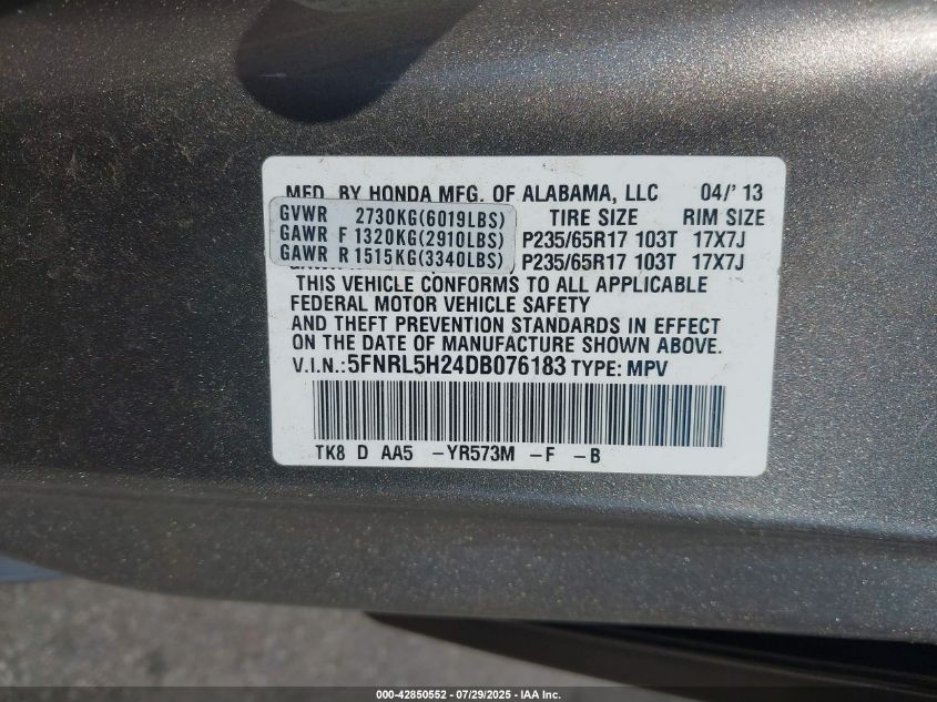 2013 Honda Odyssey Lx VIN: 5FNRL5H24DB076183 Lot: 42850552