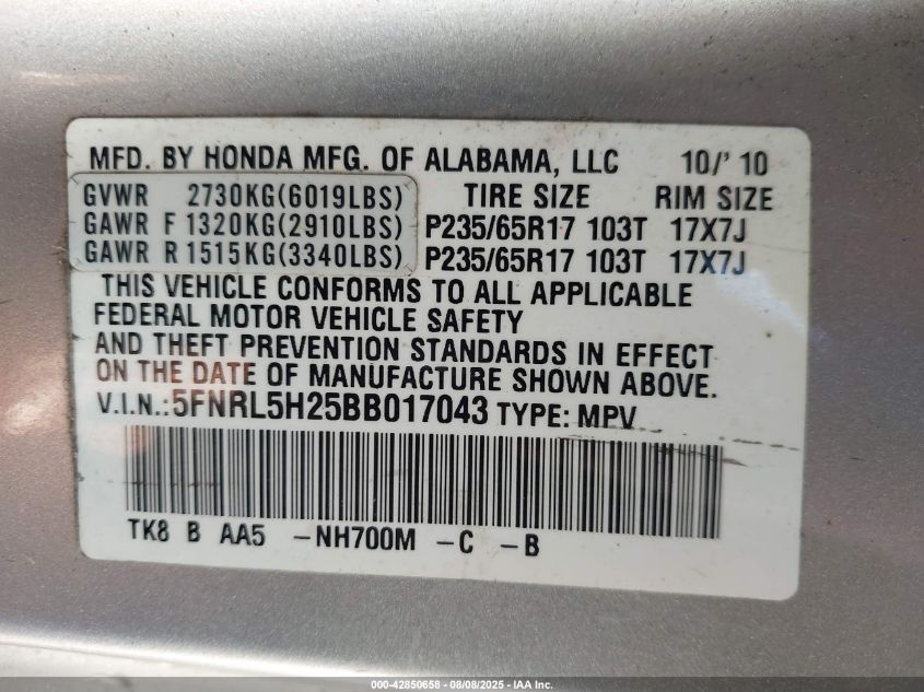 2011 Honda Odyssey Lx VIN: 5FNRL5H25BB017043 Lot: 42850658