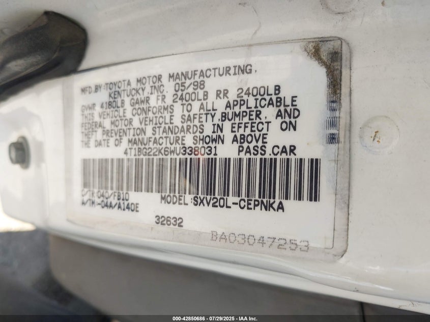 1998 Toyota Camry Le VIN: 4T1BG22K6WU338031 Lot: 42850686