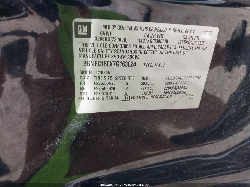 2007 Chevrolet Suburban 1500 Ltz VIN: 3GNFC160X7G163024 Lot: 42850735