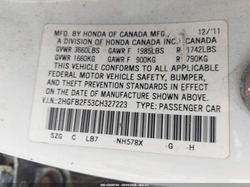 2012 Honda Civic Lx VIN: 2HGFB2F53CH327223 Lot: 42850764
