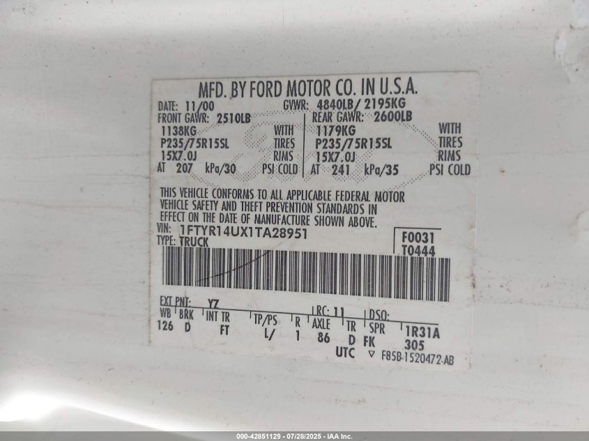 2001 Ford Ranger Edge/Edge Plus/Xl/Xlt/Xlt App/Xlt Appearance VIN: 1FTYR14UX1TA28951 Lot: 42851129