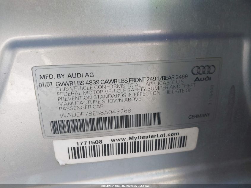 2008 Audi A4 2.0T VIN: WAUDF78E58A049268 Lot: 42851184