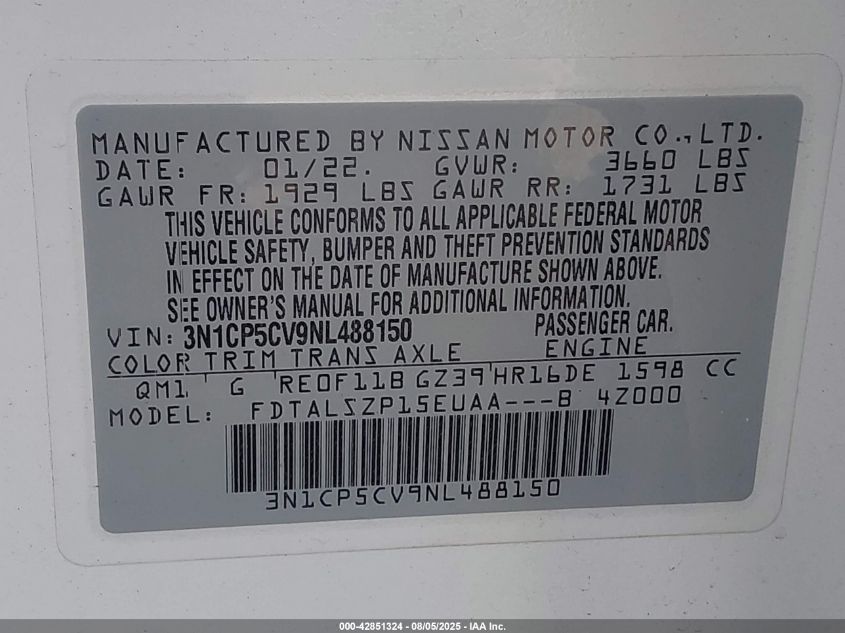 2022 Nissan Kicks Sv Xtronic Cvt VIN: 3N1CP5CV9NL488150 Lot: 42851324