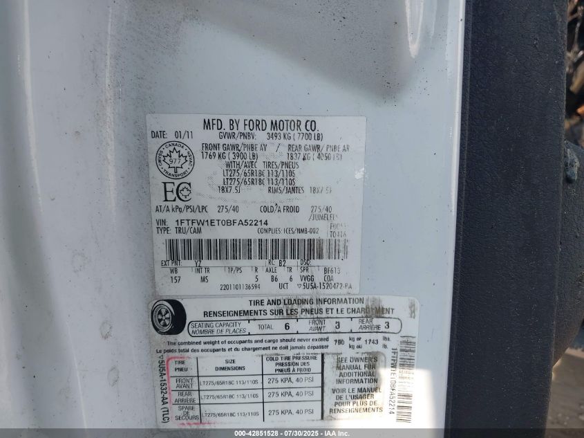 2011 Ford F-150 Xlt VIN: 1FTFW1ET0BFA52214 Lot: 42851528