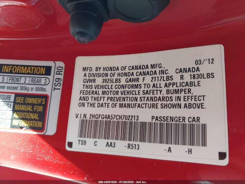 2012 Honda Civic Si VIN: 2HGFG4A57CH702213 Lot: 42851625